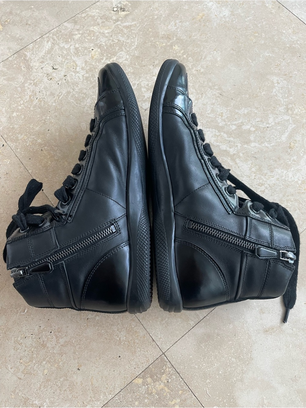 Prada Black Leather High Top Sneakers Red Logo Tab - Picture 5 of 10